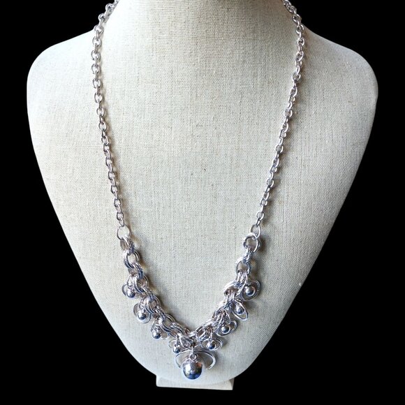 Silver Chain Necklace With Dangling Orb Charms & Lobster Clasp Closure - Picture 1 of 5